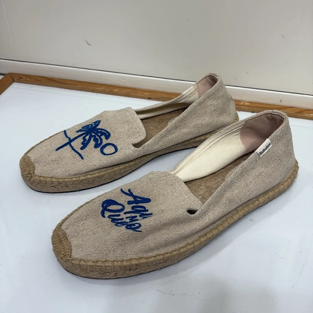 Soludos Natural Canvas Espadrilles with Blue Palm and Script
